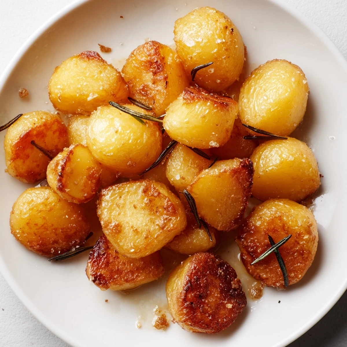Golden homemade roast potatoes with crispy edges and fluffy centers arranged on a white serving platter