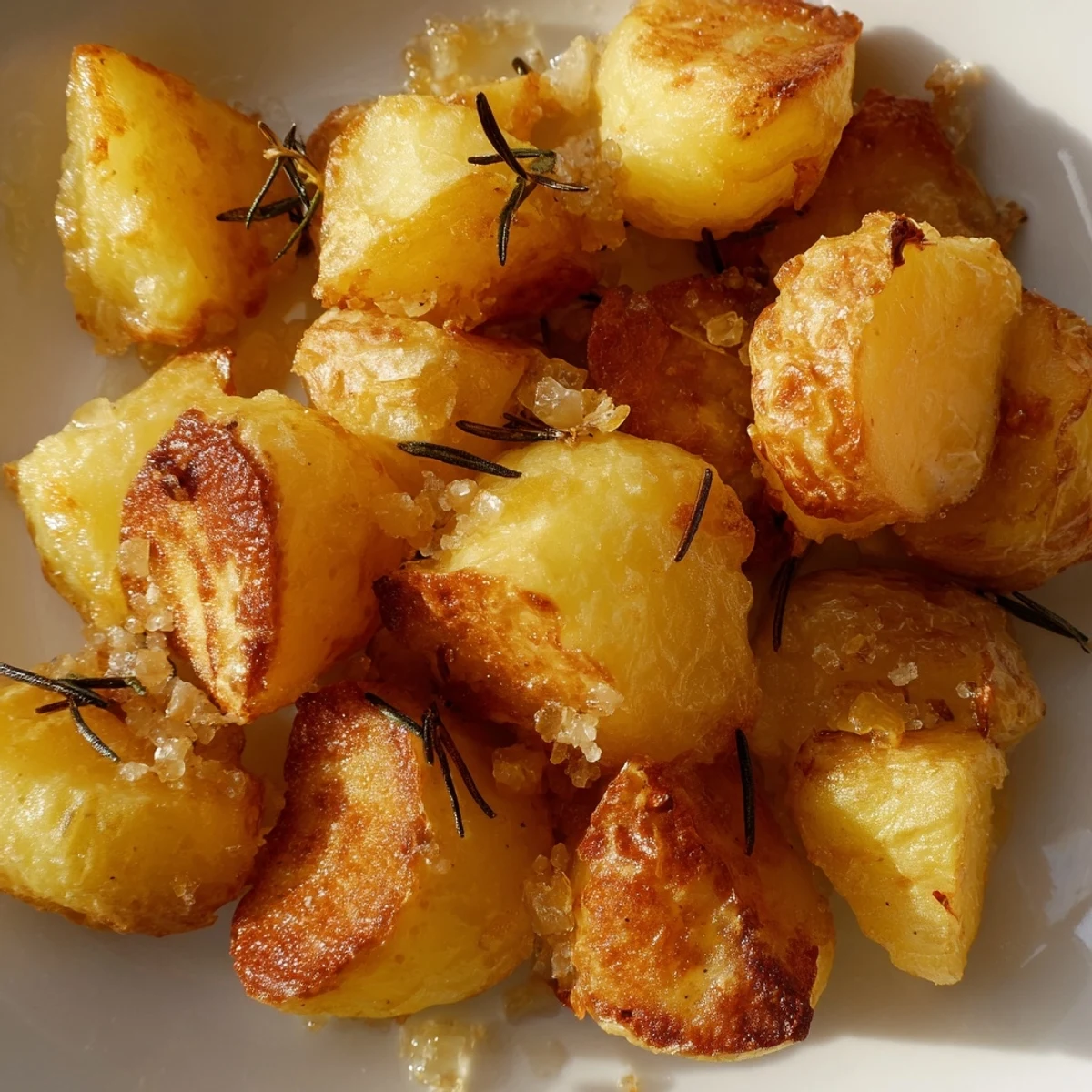 Mound of steaming homemade roast potatoes with browned crispy exteriors served alongside roast meat dinner