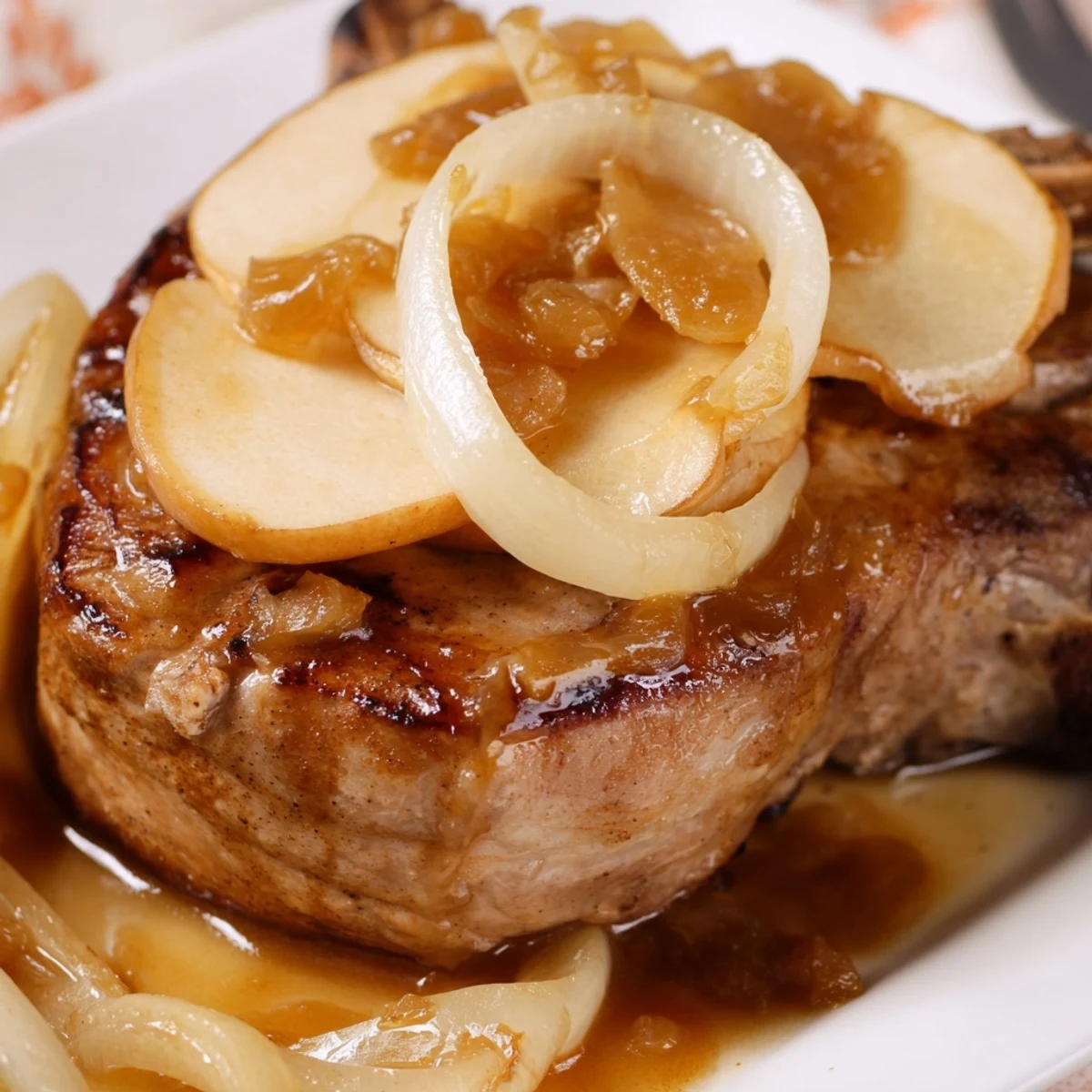 Golden seared apple butter pork chops resting in a rich cinnamon-spiced sauce with tender caramelized apples and onions
