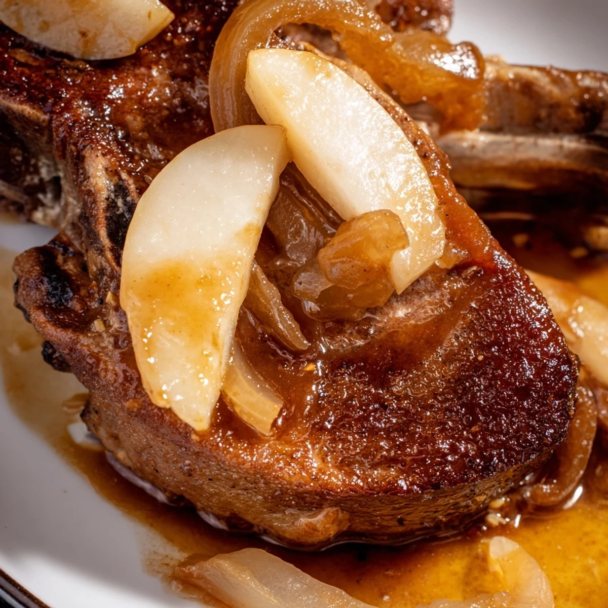 Tender bone-in pork chops simmered in sweet apple butter glaze topped with softened apple slices for a comforting dinner