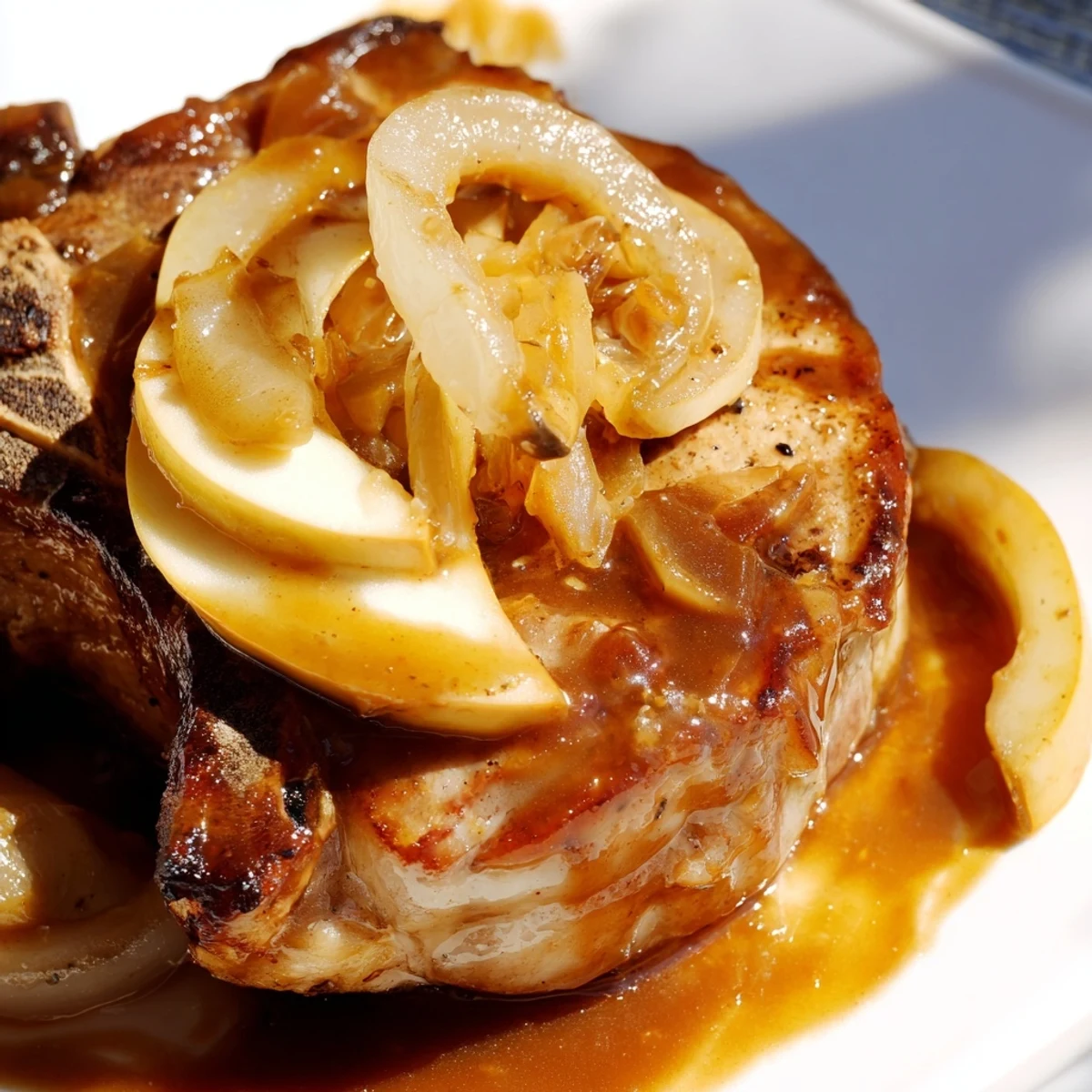 Juicy seasoned pork chops finished in a savory apple butter sauce with cinnamon and melted onions over a white plate