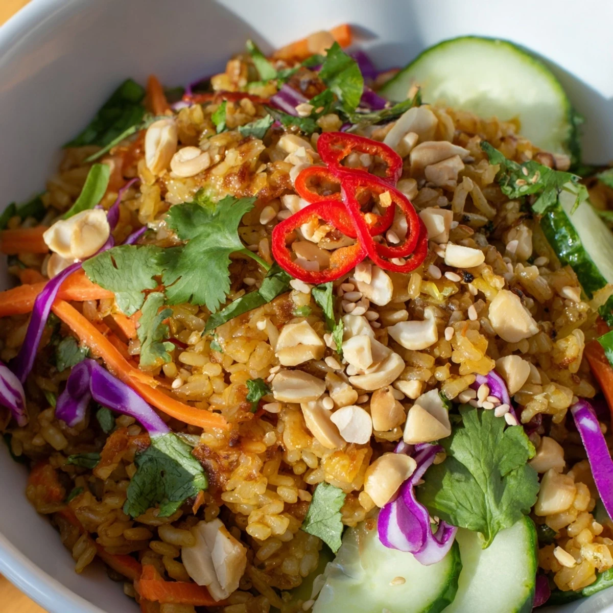 Golden crispy rice salad tossed with colorful vegetables and creamy peanut sesame dressing