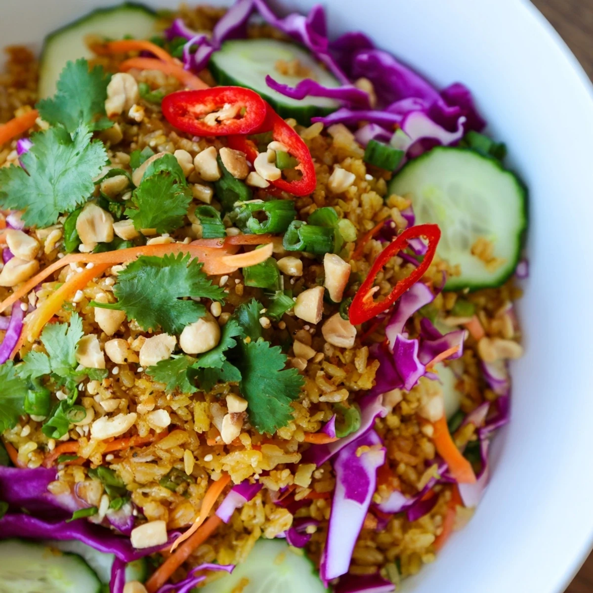 Fresh vegetable salad topped with crispy fried rice and drizzled with peanut sesame dressing