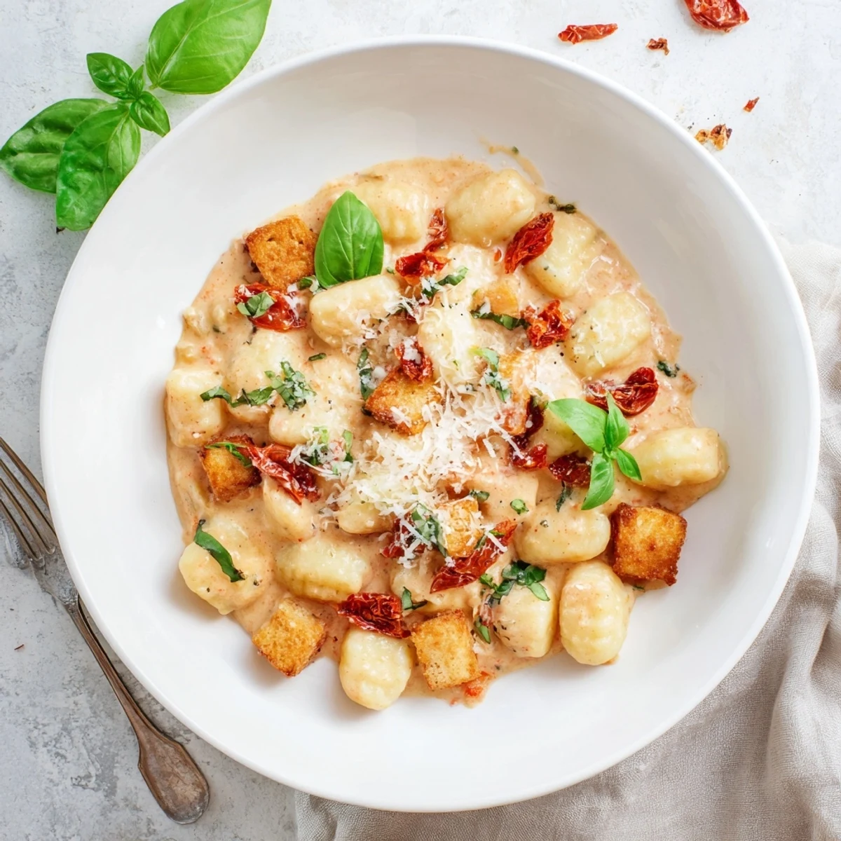 Golden crispy tofu cubes nestled with pillowy gnocchi in rich creamy sun-dried tomato sauce, garnished with fresh basil