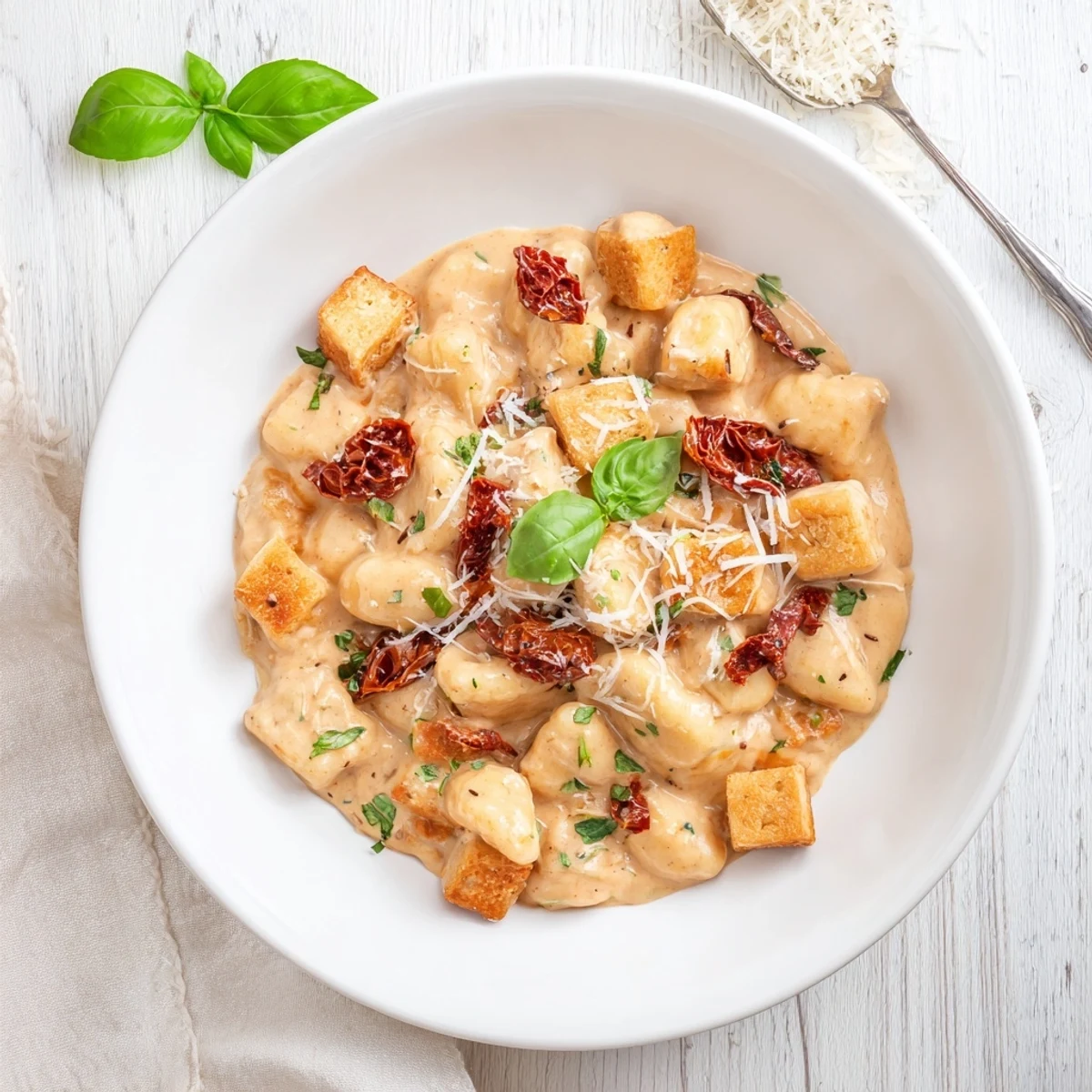 Steaming bowl of Marry Me crispy tofu with gnocchi featuring tender pasta and golden tofu in velvety red cream sauce