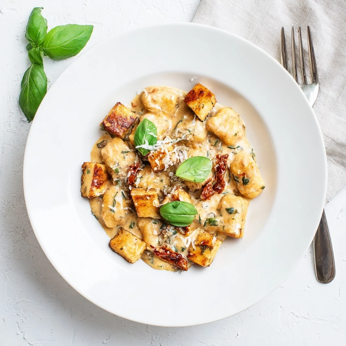 Restaurant-style vegetarian dinner with crispy-coated tofu pieces and soft gnocchi swirled in luxurious tomato cream sauce