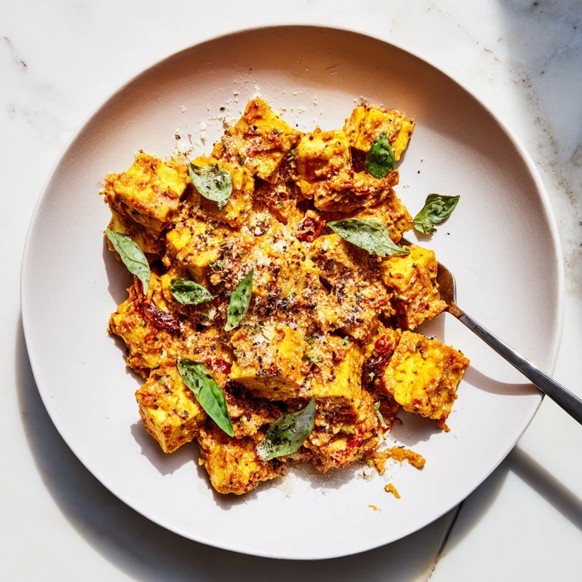 Golden crispy tofu cubes swim in a rich sun-dried tomato garlic cream sauce garnished with fresh basil