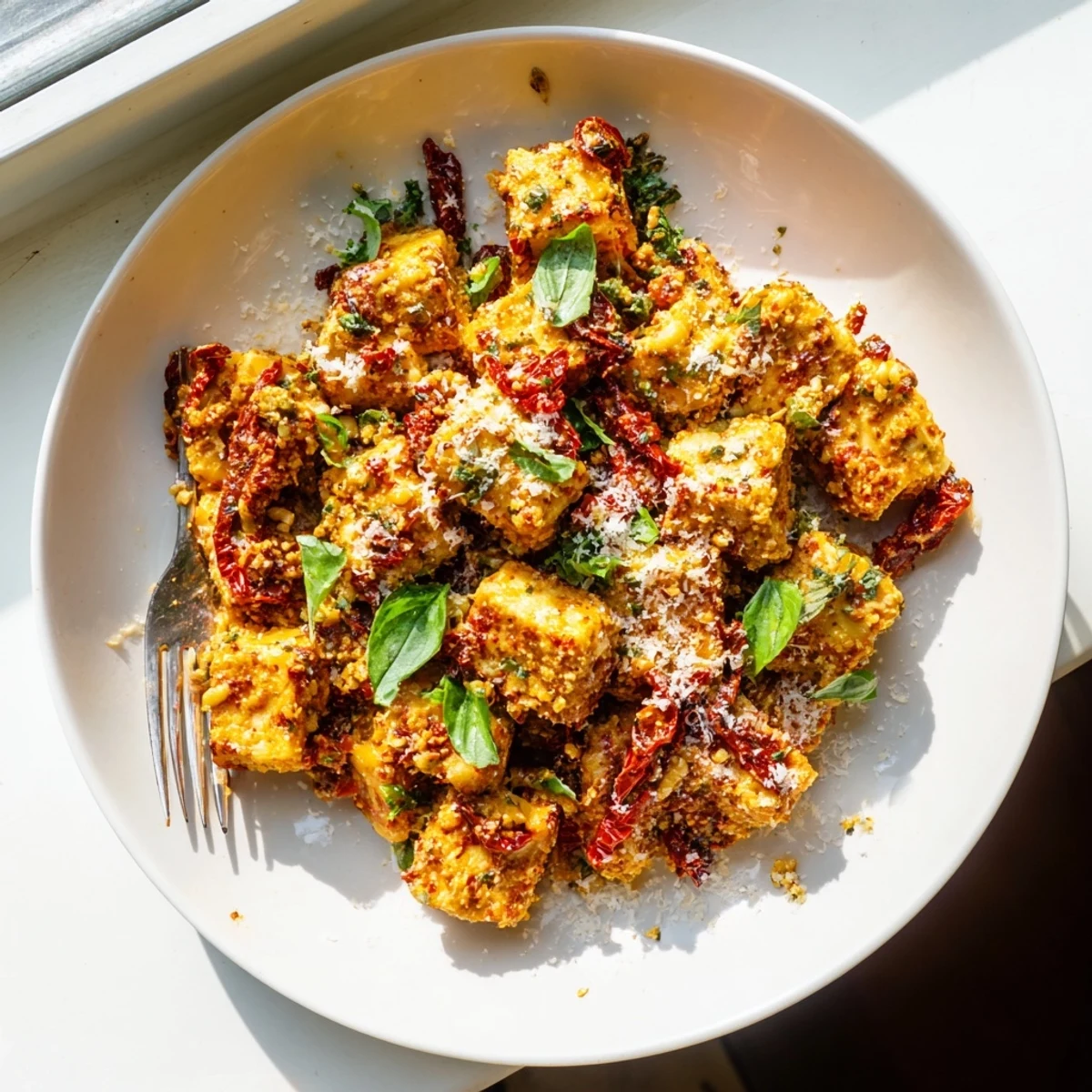 Creamy Marry Me Tofu featuring perfectly browned plant-based pieces in a savory red tomato basil white sauce