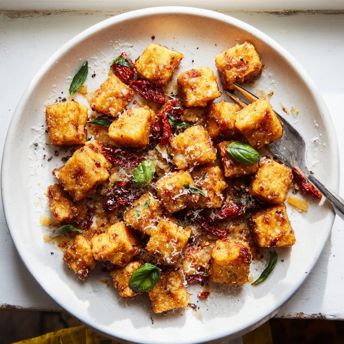 Vegan crispy tofu nestled in luxurious sun-dried tomato and garlic cream sauce topped with chopped fresh basil leaves