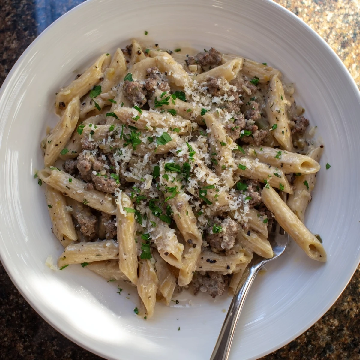 Family-friendly creamy beef pasta bowl topped with fresh parsley and extra grated parmesan