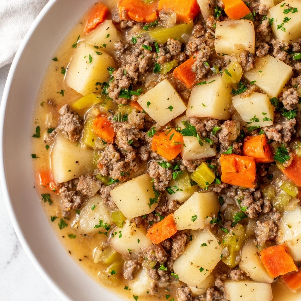 Golden brown ground beef and tender diced potatoes cooking in a cast iron skillet with colorful vegetables