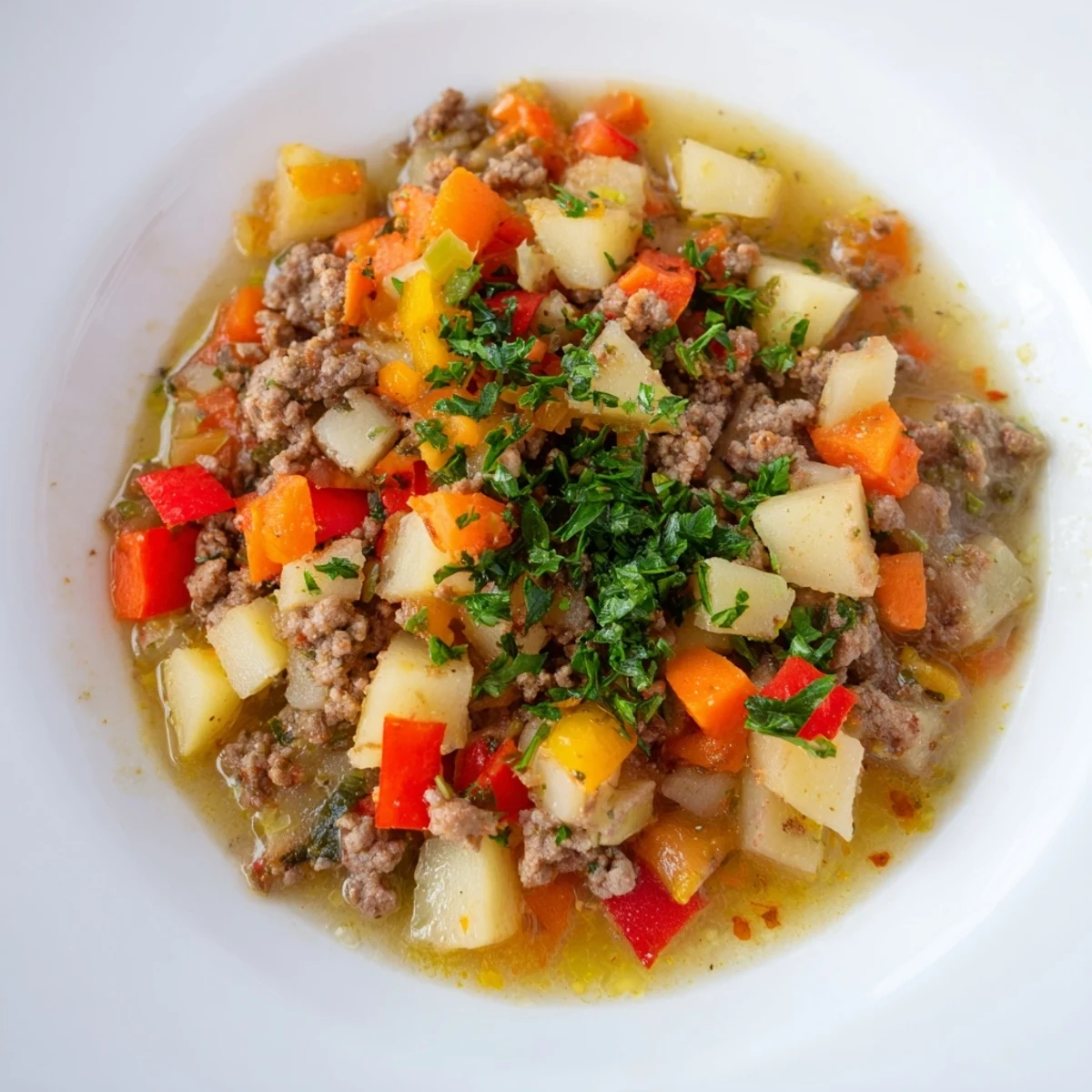 Hearty one pan ground beef and potatoes skillet meal with peas carrots and fresh parsley garnish