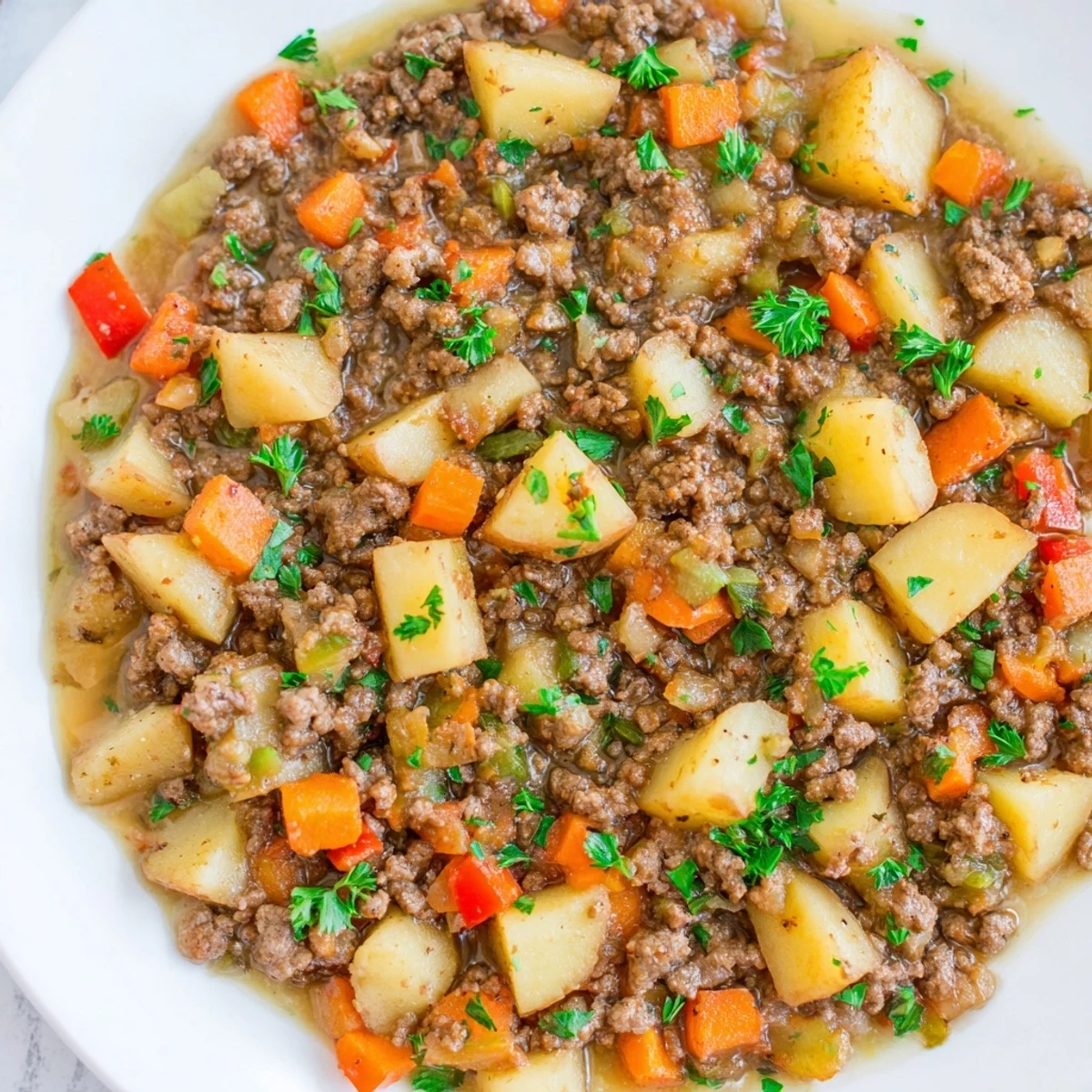 Savory ground beef and potatoes simmering together in one pan with onions bell peppers and carrots