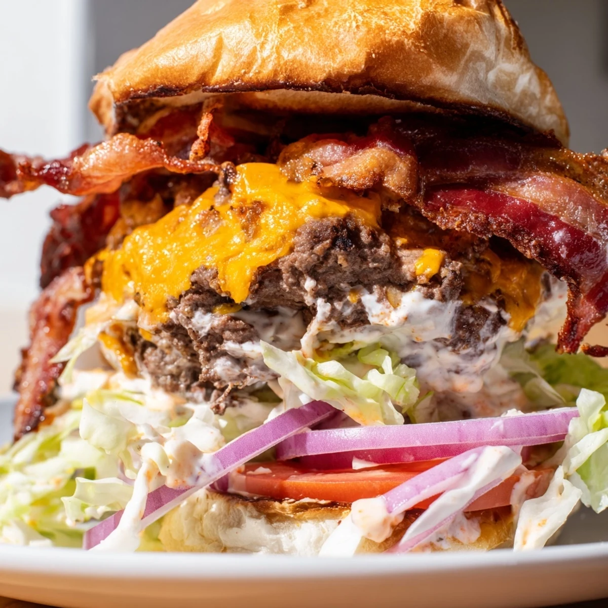 Juicy crack burger with crispy bacon and melted cheddar on toasted brioche bun