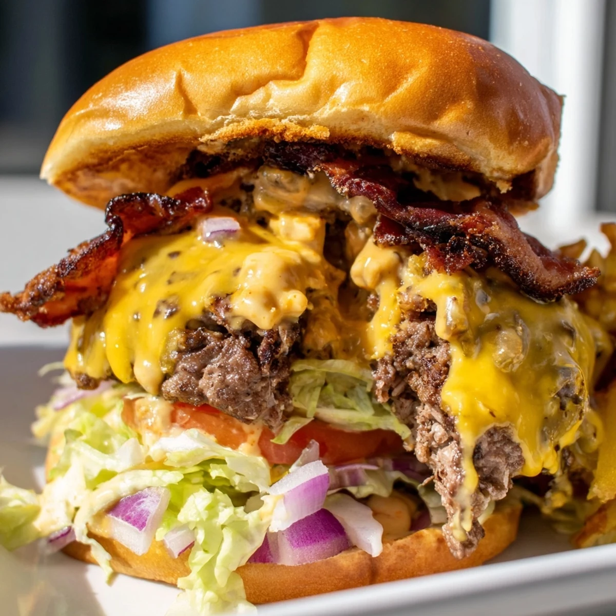 Homemade crack burger layered with tangy ranch sauce and fresh lettuce tomato onion