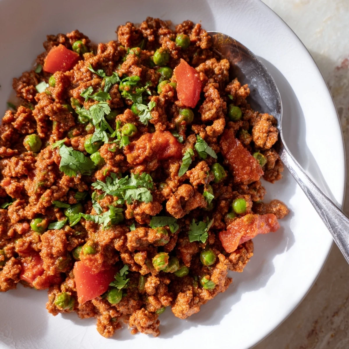 Steamy bowl of aromatic Keema Curry served over fluffy white rice with tender beef and tomatoes