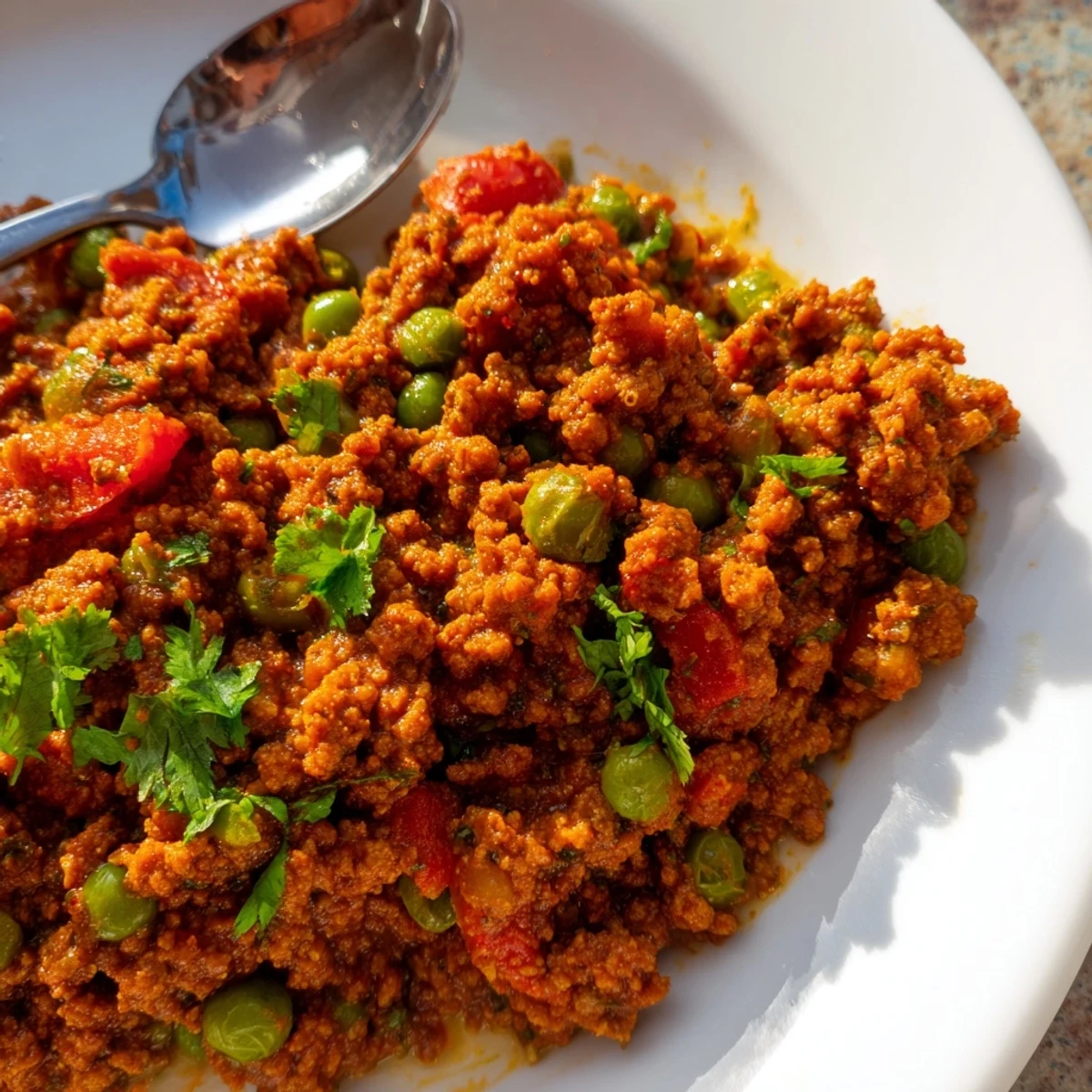 Golden ground beef Keema Curry bubbling in a skillet with diced tomatoes and peas scattered throughout