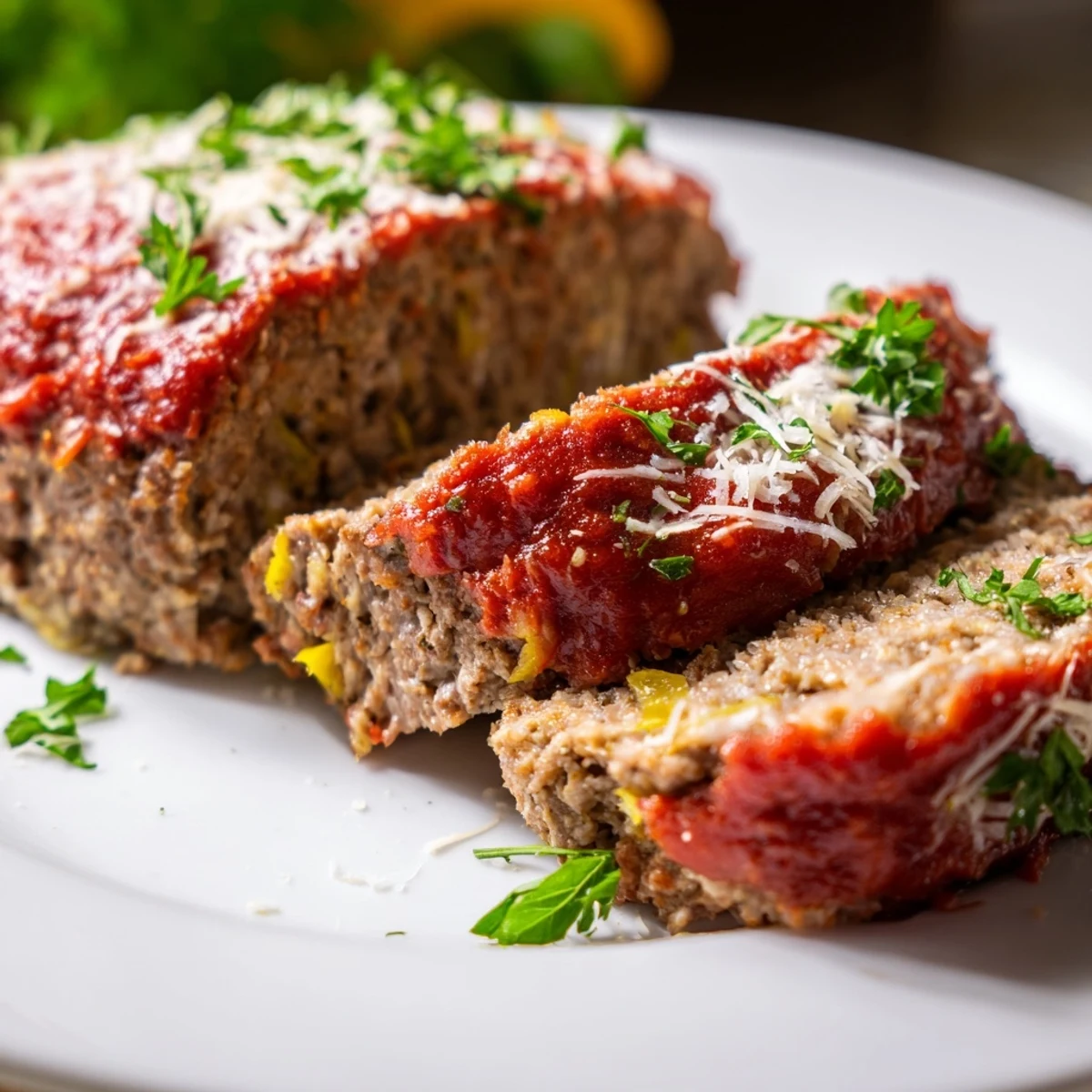 Golden garlic parmesan meatloaf sliced on a white serving platter garnished with fresh parsley