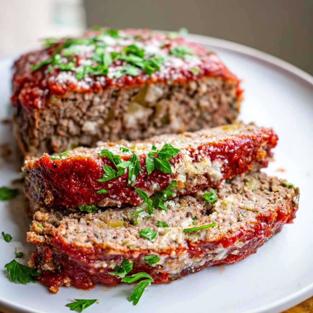 Baked meatloaf glazed with tangy tomato sauce and topped with melted parmesan cheese