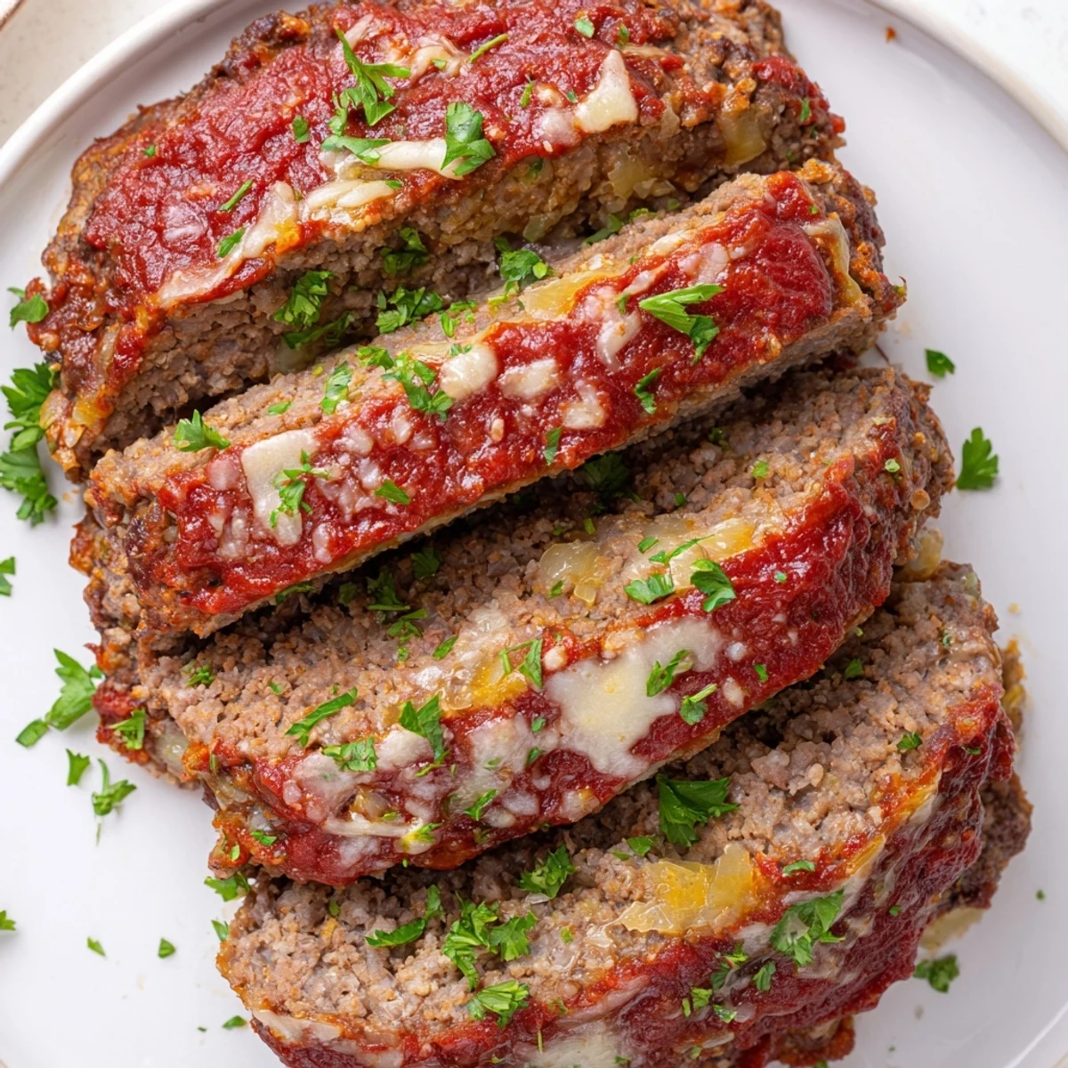 Tender slices of garlic parmesan meatloaf served with creamy mashed potatoes and roasted vegetables