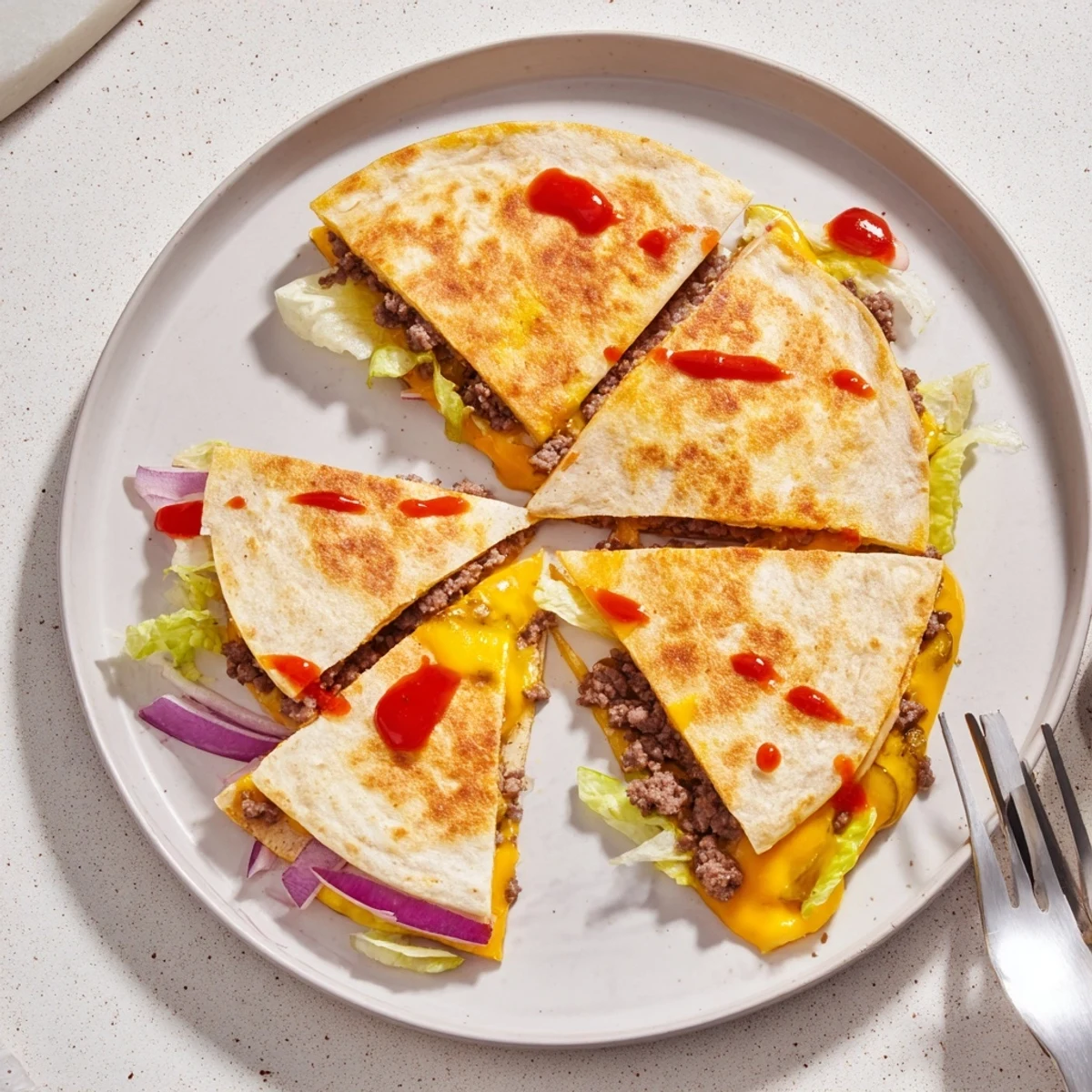 Golden smashburger quesadilla cut into triangles revealing juicy seasoned beef and melted cheddar cheese