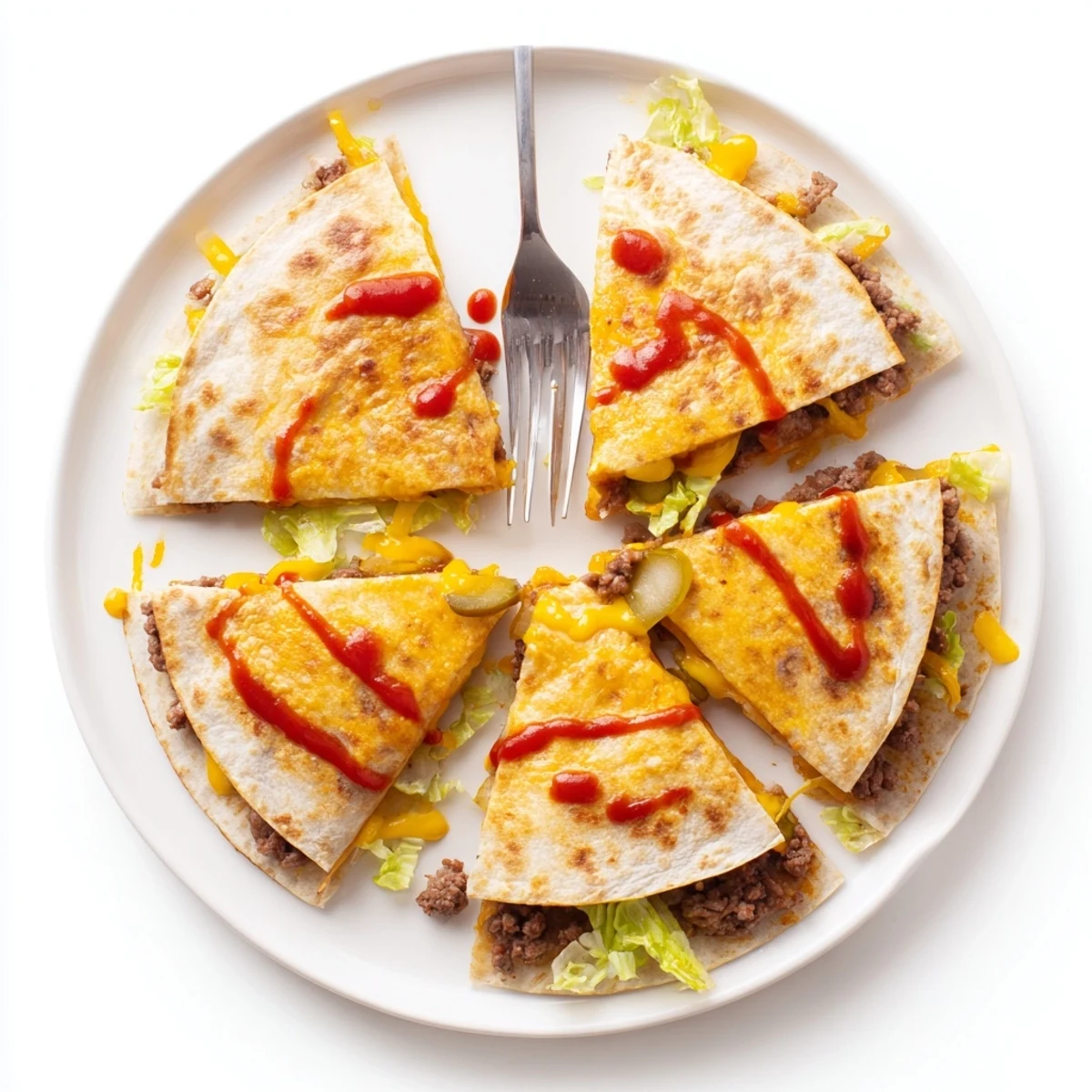 Crispy flour tortilla overflowing with smashed burger patties, pickles, onions and gooey mozzarella cheese