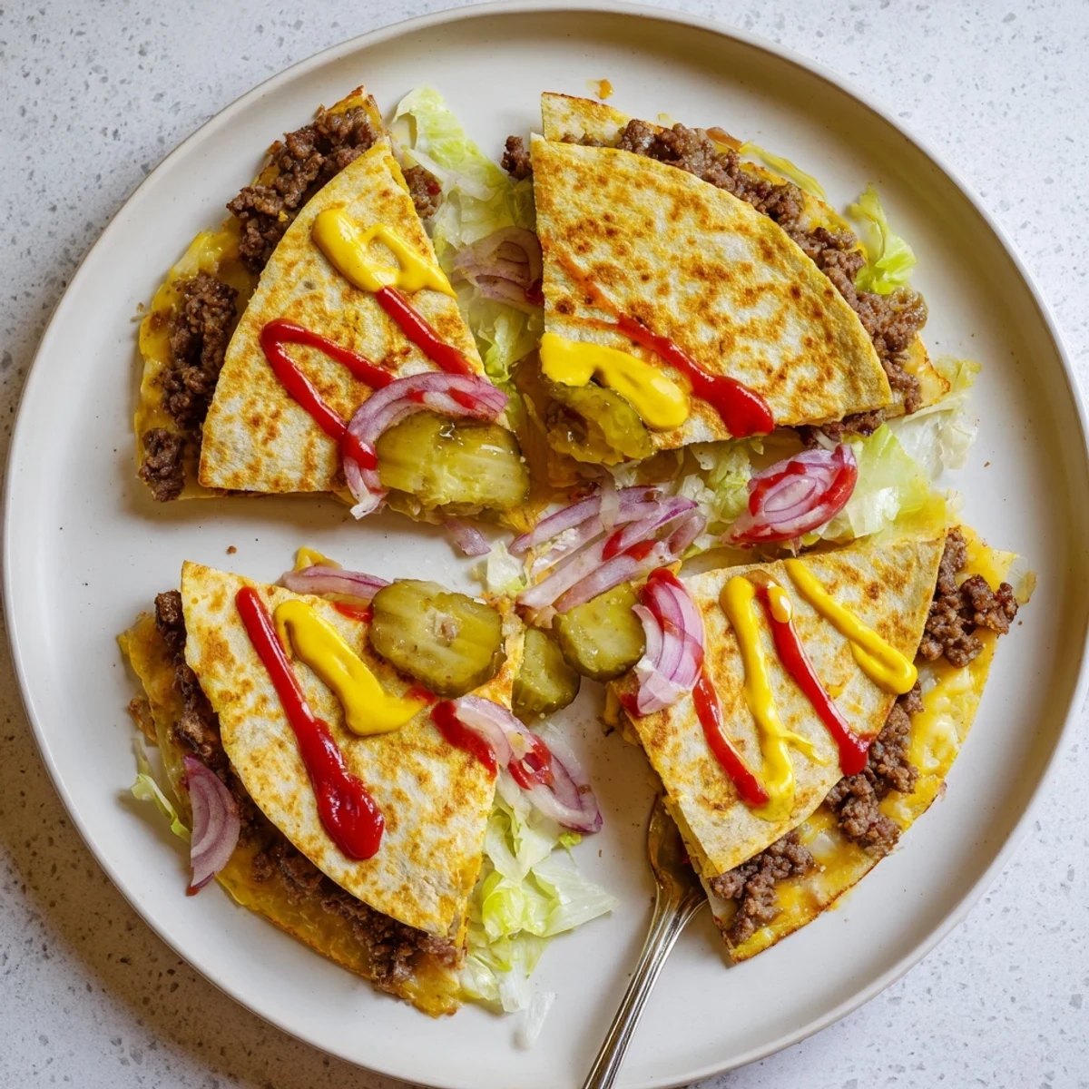 Half-moon smashburger quesadilla showing layers of seasoned beef, melted cheese and fresh lettuce inside