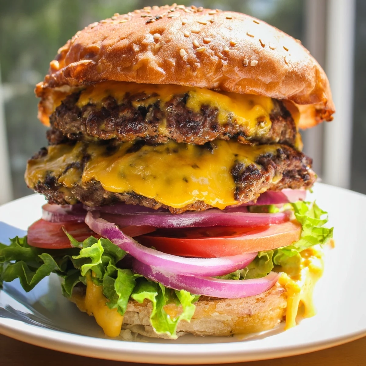 Golden crispy smash burger with melted cheese on toasted bun served with fresh lettuce and tomato