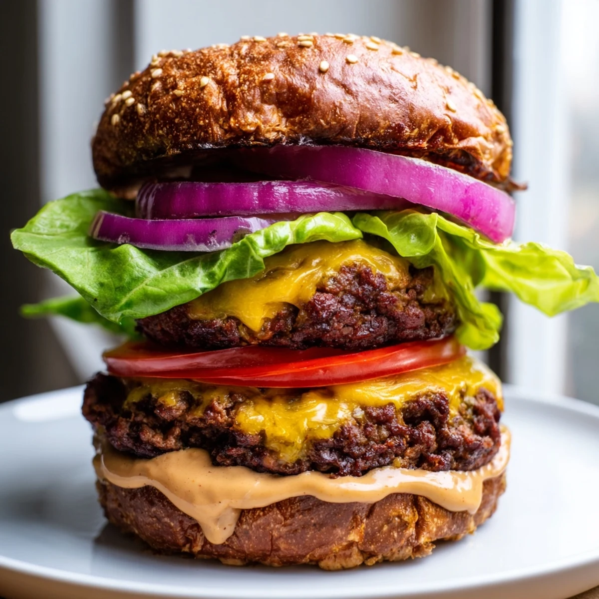 Juicy American smash burger featuring crispy edges and gooey cheese layered with crisp onion rings
