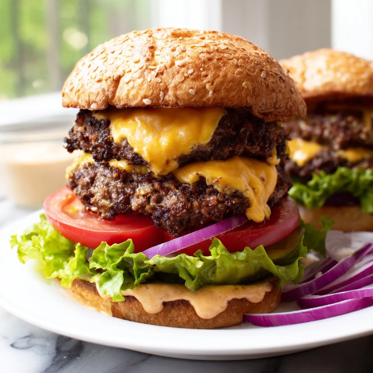 Homemade smash burger stacked high with melted cheddar fresh vegetables and creamy sauce on buttered bun