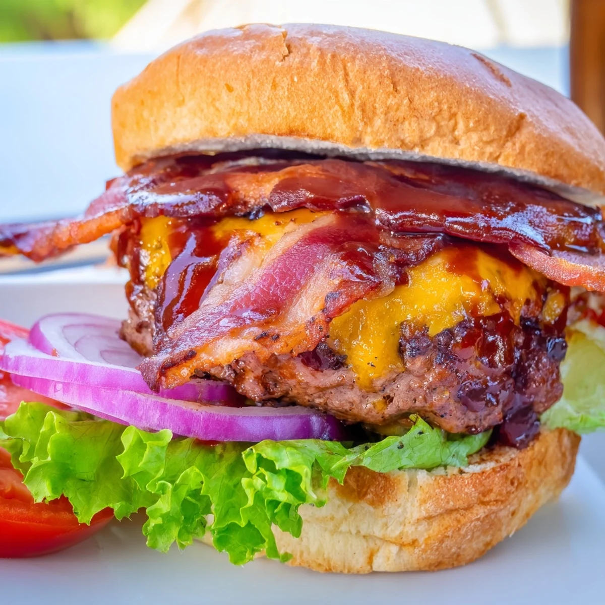 Juicy BBQ bacon burger with melted cheddar and crispy bacon on a toasted brioche bun