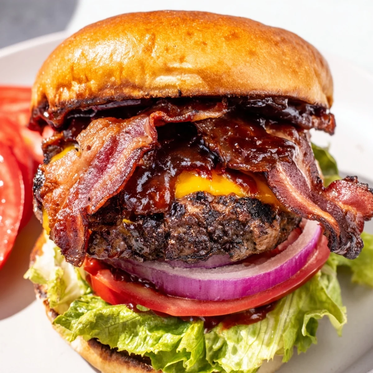 Hearty BBQ bacon burger stacked with fresh lettuce, tomato, and tangy barbecue sauce