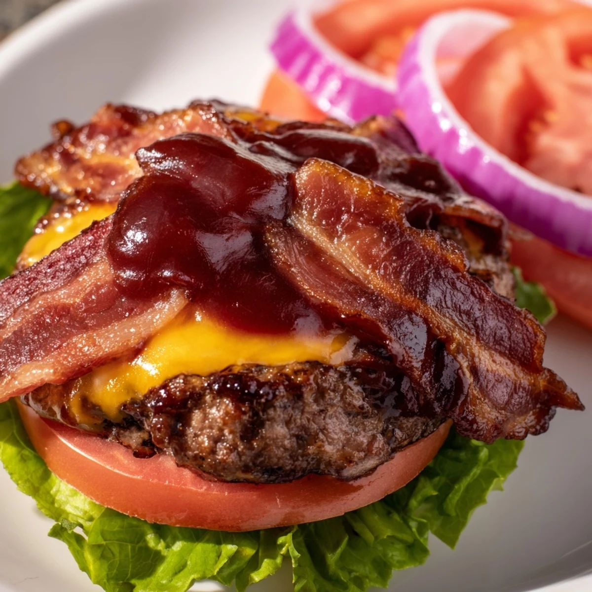 Classic BBQ bacon burger featuring smoky beef patty layered with cheese and crunchy toppings