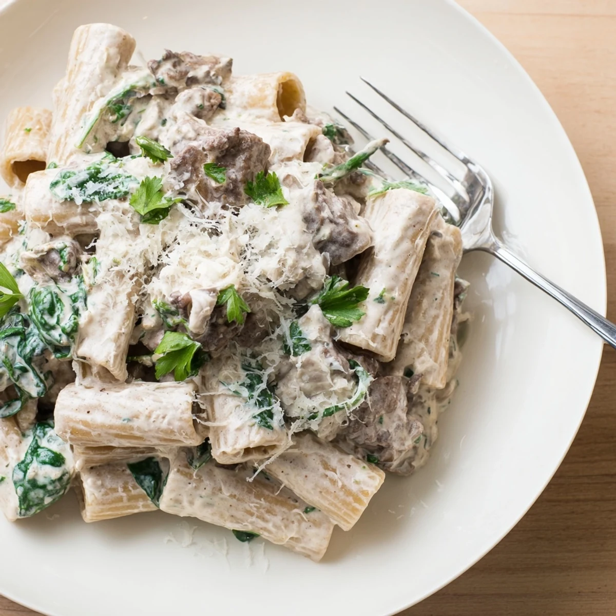 Creamy high protein beef pasta plated with tender meat slices and wilted spinach in a rich white sauce