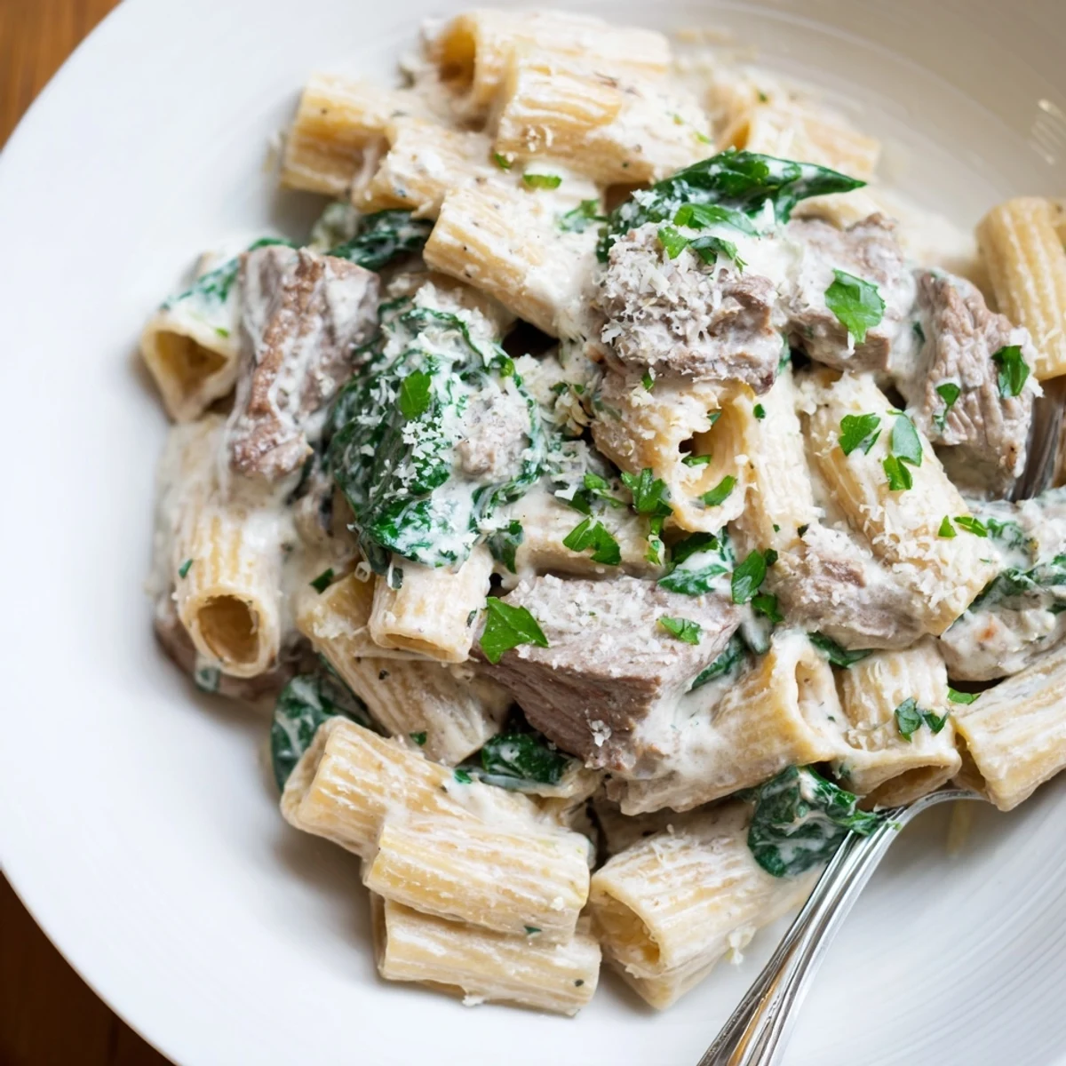 Garnished creamy high protein beef pasta topped with fresh parsley and grated Parmesan on a rustic dinner plate