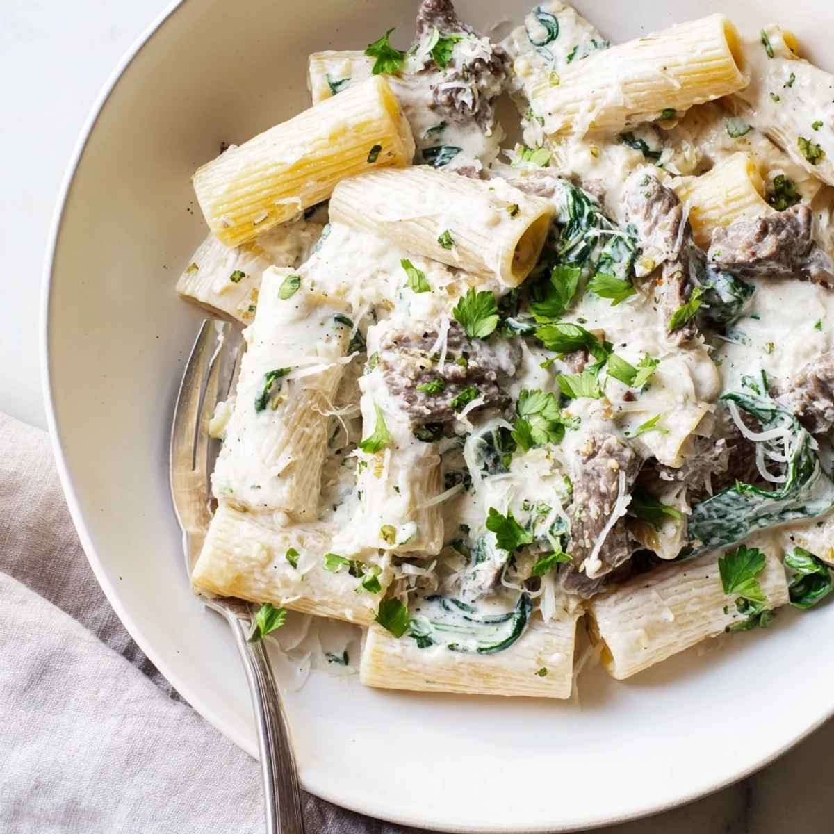 Steamy bowl of high protein beef pasta featuring whole wheat noodles coated in a velvety cottage cheese and yogurt sauce