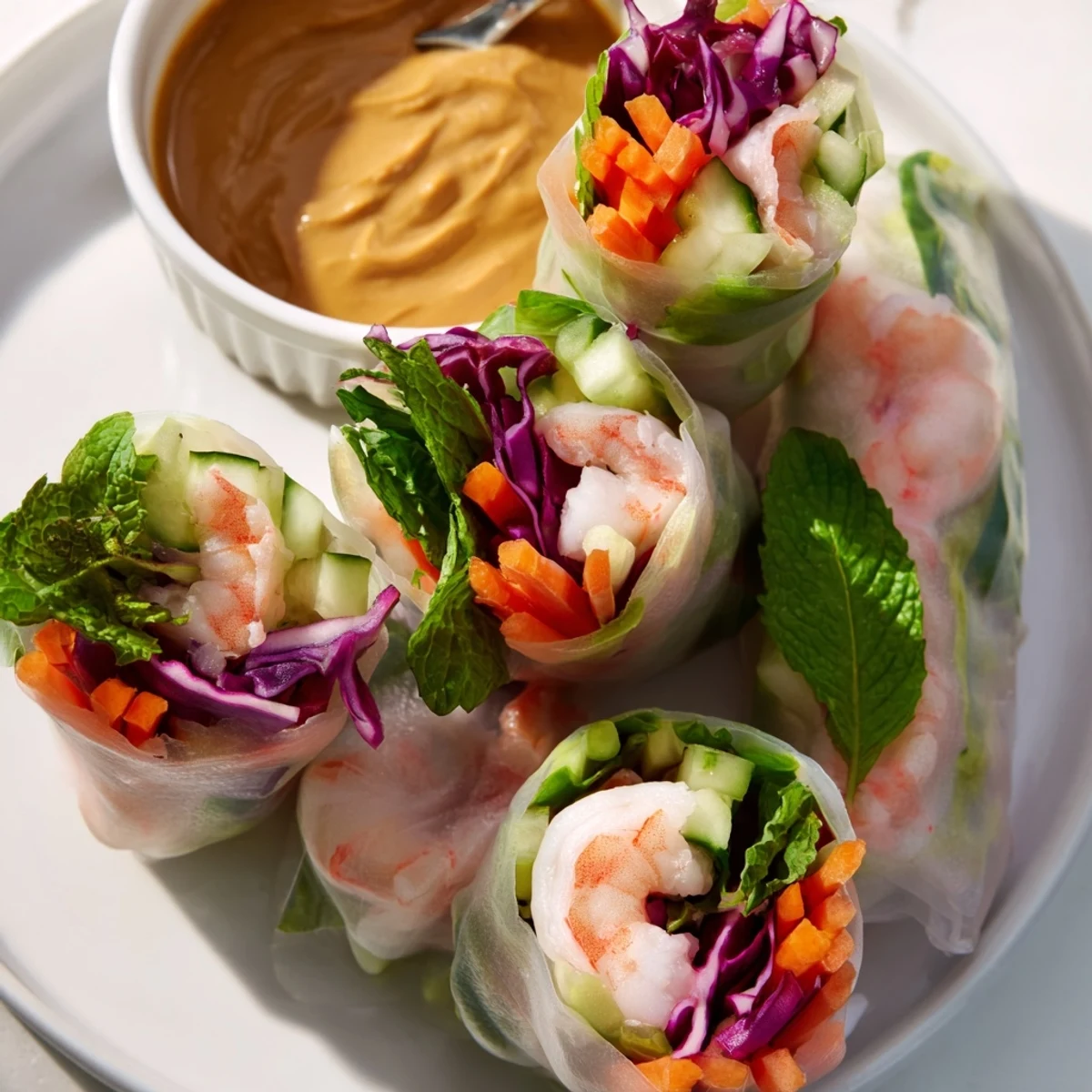 Homemade Thai shrimp rolls with peanut sauce displaying colorful julienned carrots, cabbage, and mint visible through delicate rice paper wrappers