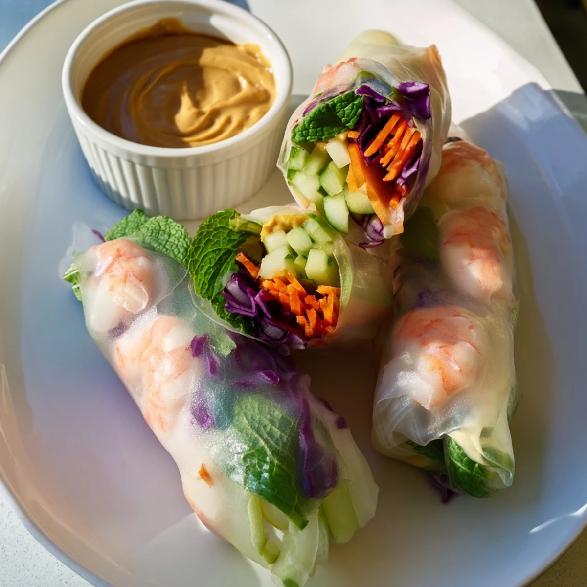 Fresh Thai shrimp rolls with peanut sauce featuring pink shrimp, crisp vegetables, and herbs wrapped in translucent rice paper