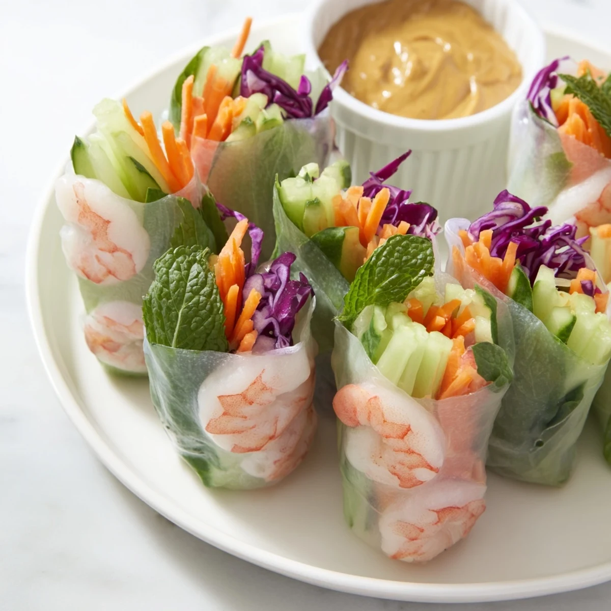 Thai shrimp rolls with peanut sauce served on a white plate with creamy dipping sauce and vibrant fresh herb fillings