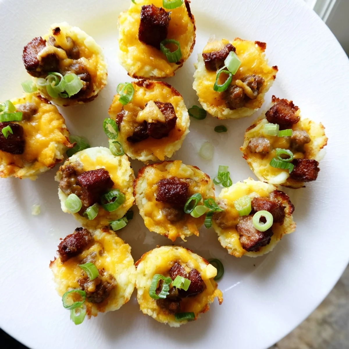 Festive individual potato cups filled with savory browned Irish sausage and herbs, baked until golden and crisp