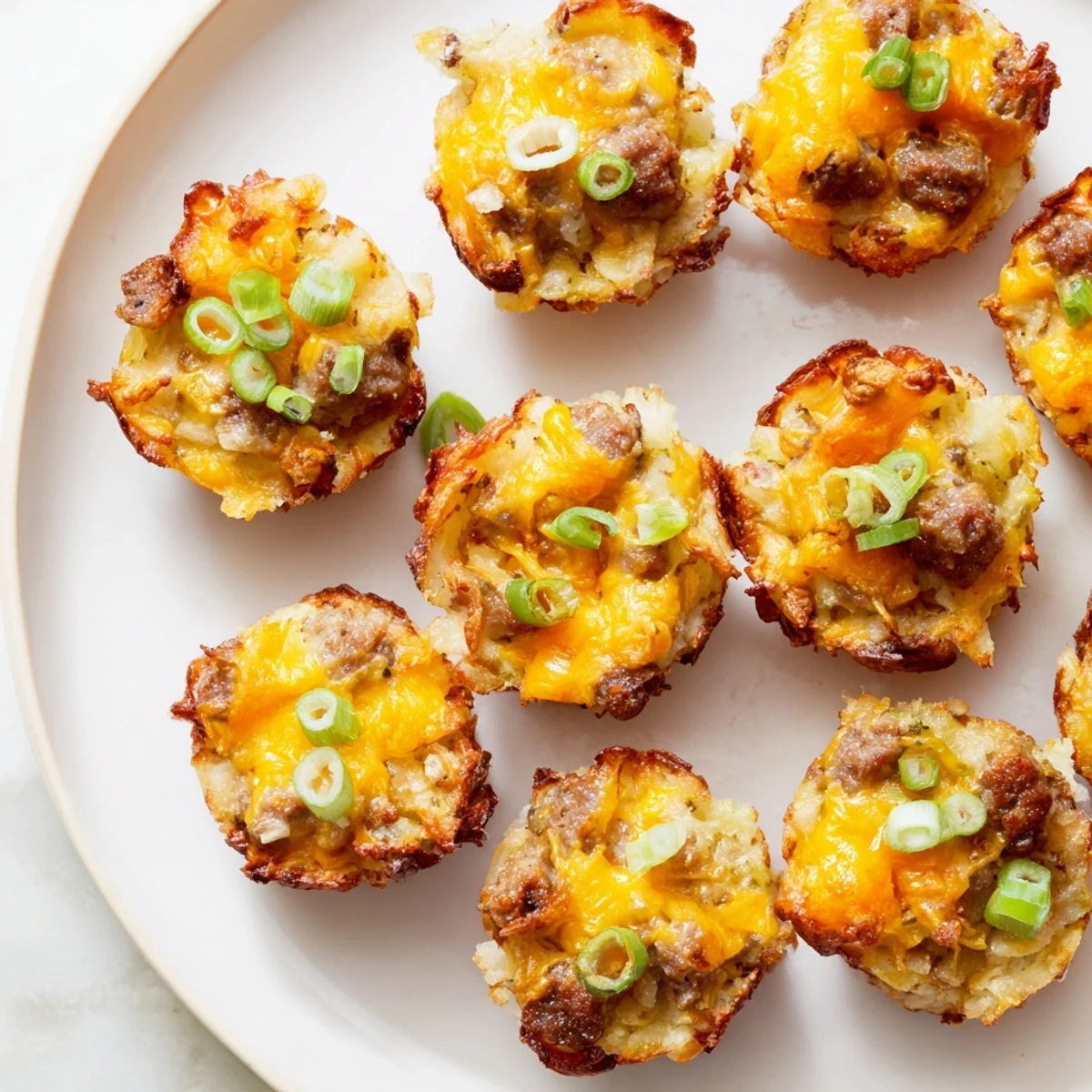 Golden St. Patricks Irish sausage and mashed potato cups with crispy edges and melted cheddar topping, garnished with fresh scallions