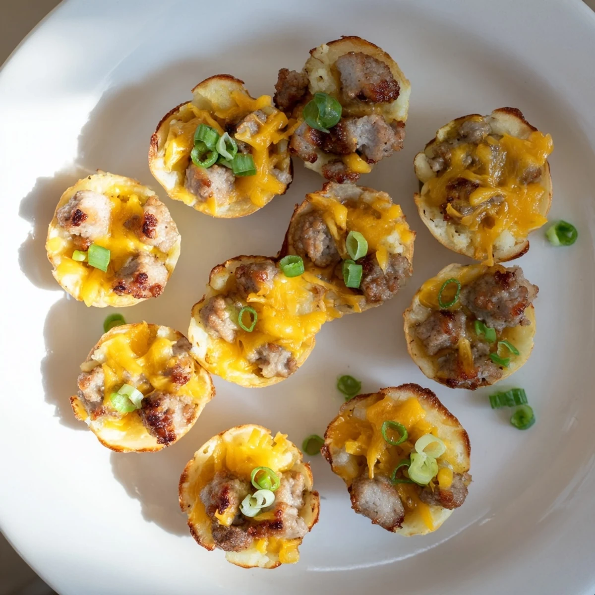 Handheld bangers and mash featuring crispy potato nests stuffed with seasoned pork sausage and extra Irish cheddar