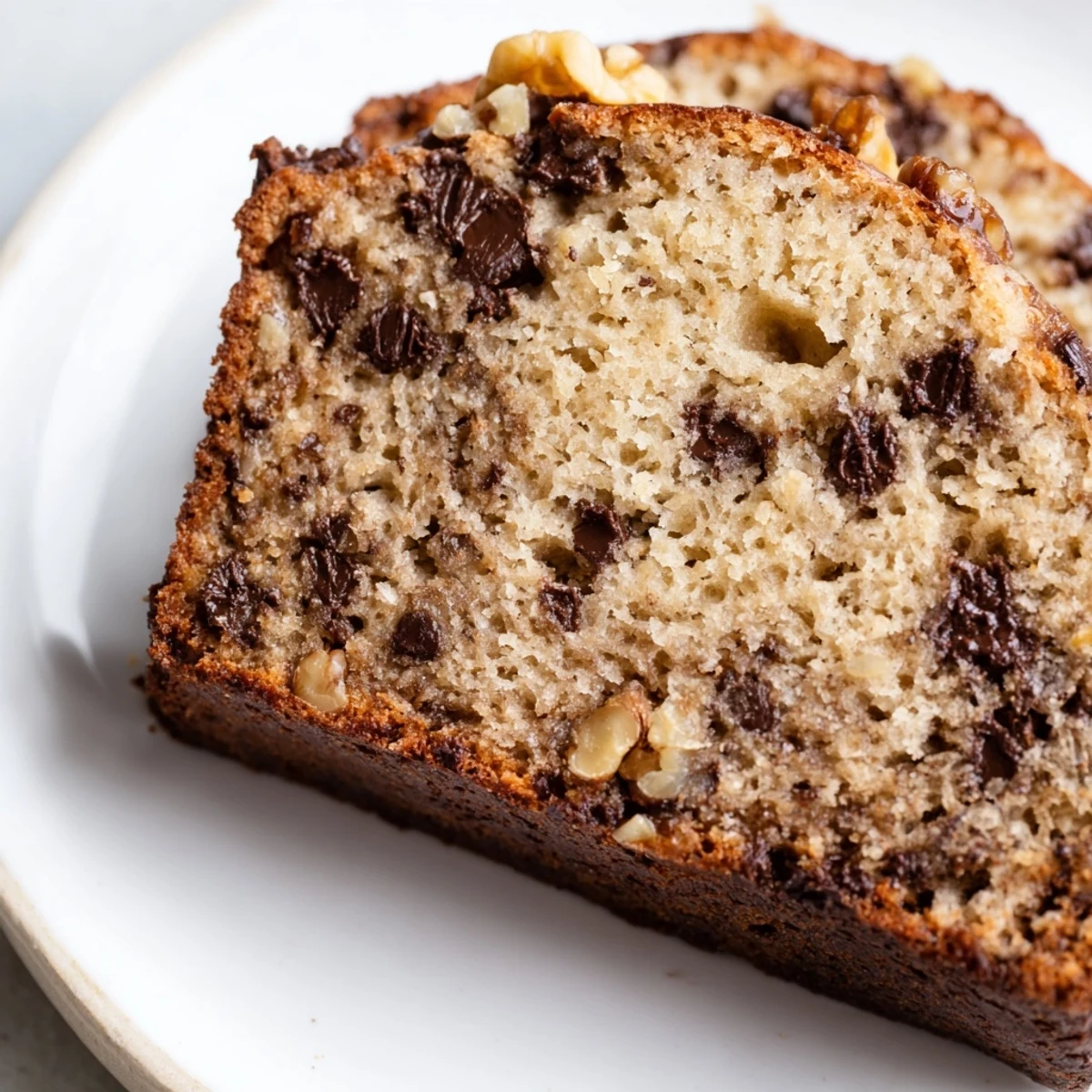 Golden slice of super moist chocolate chip banana bread on a white plate