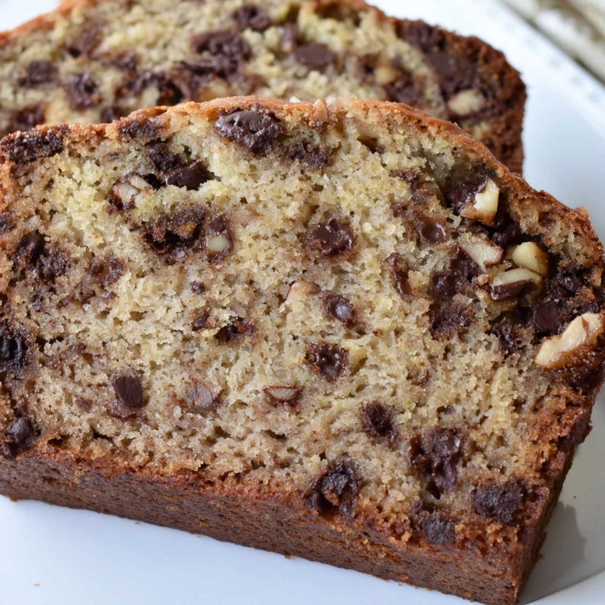 Thick slice of super moist chocolate chip banana bread studded with melty chocolate chips