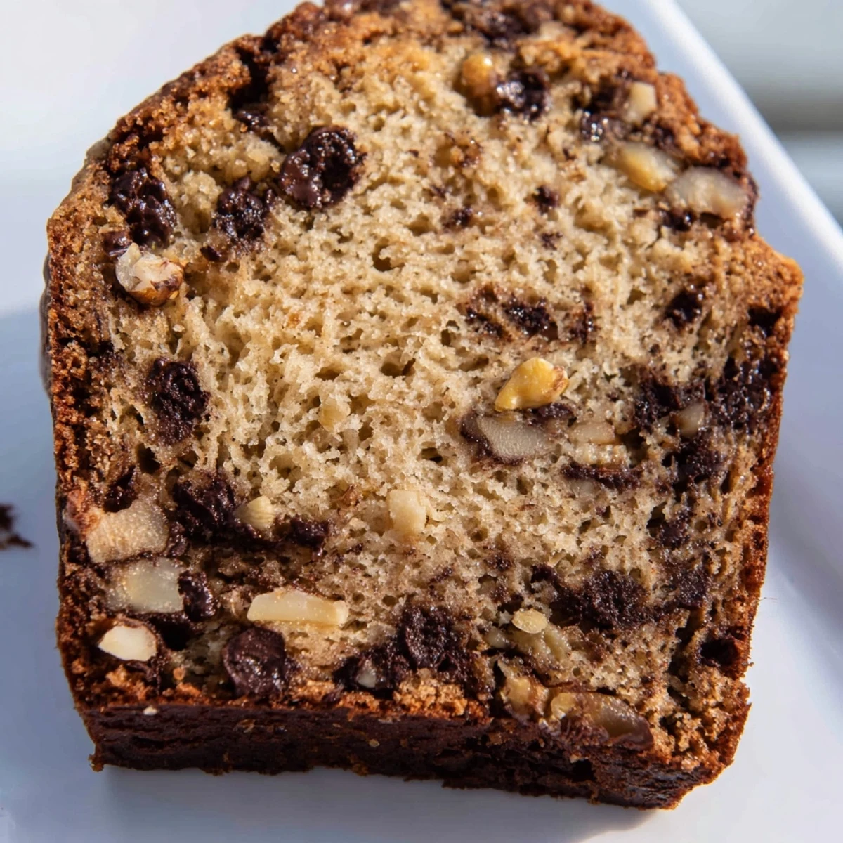 Super moist chocolate chip banana bread loaf with scattered chocolate chips on top
