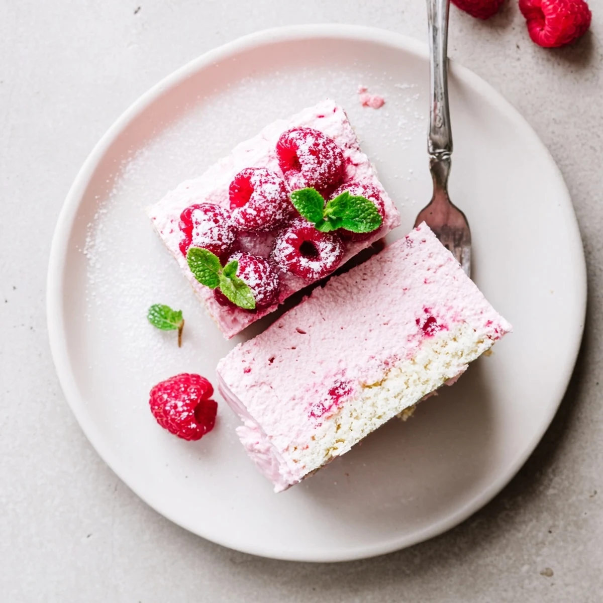 Elegant raspberry mousse cake with fluffy almond sponge base topped with fresh berries