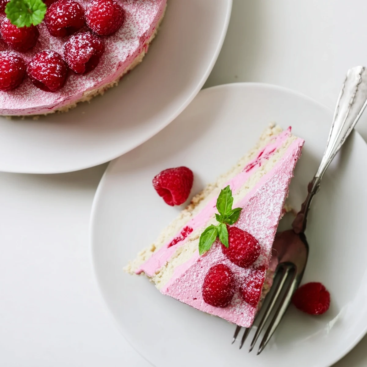 Creamy raspberry mousse layered over light almond sponge cake garnished with mint leaves