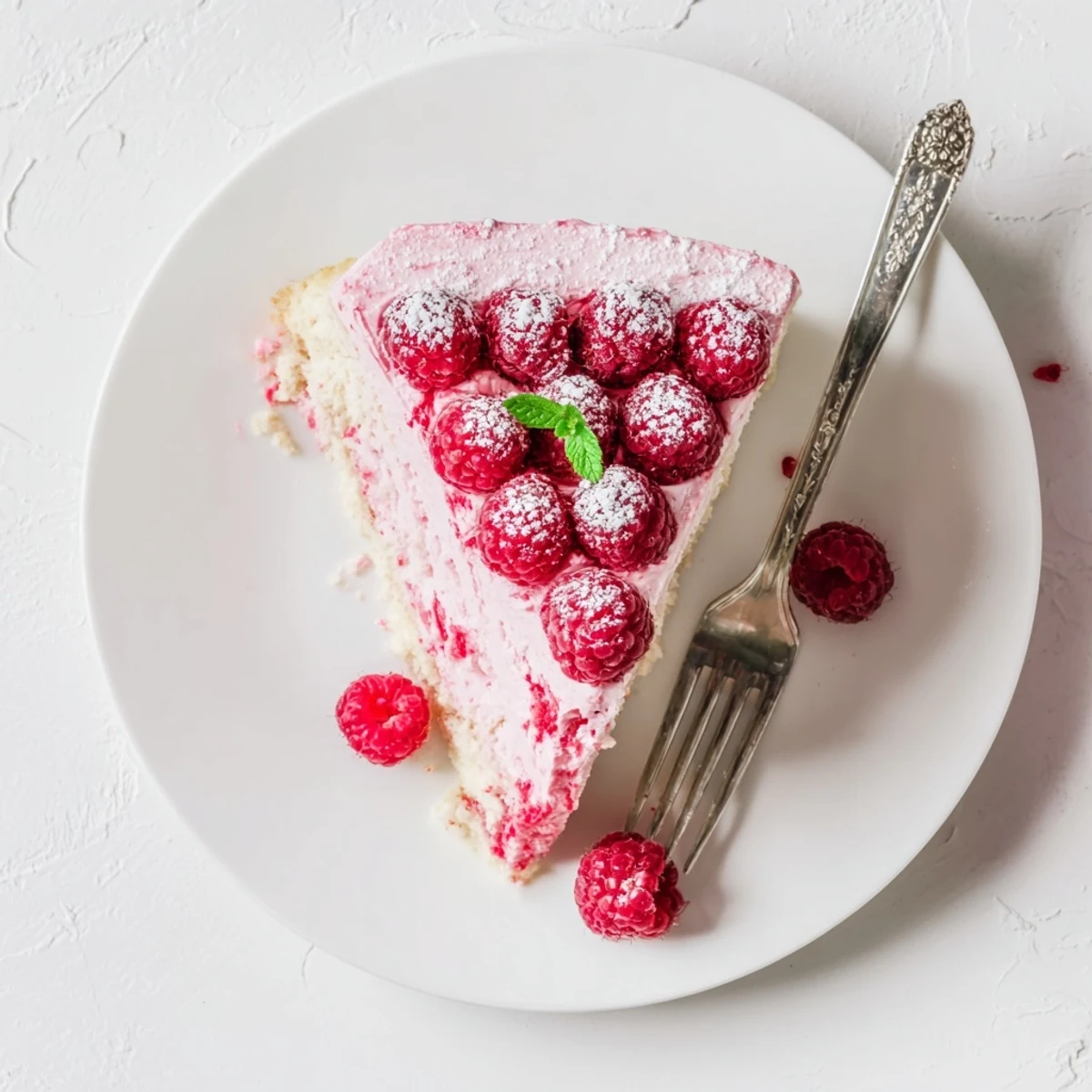 French-style raspberry mousse cake featuring airy almond sponge and vibrant fresh raspberry topping