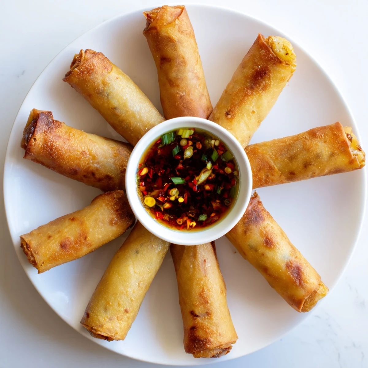 Golden crispy Air Fryer Spring Rolls with vegetable filling and dipping sauce on white plate