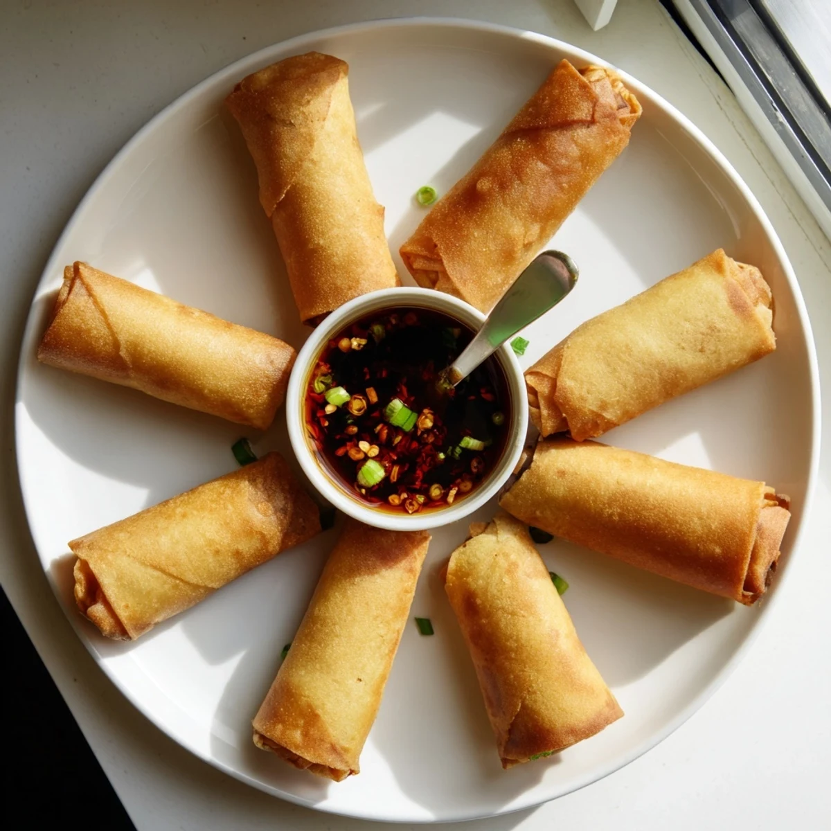 Close-up of Air Fryer Spring rolls displaying flaky texture and savory cabbage carrot filling inside